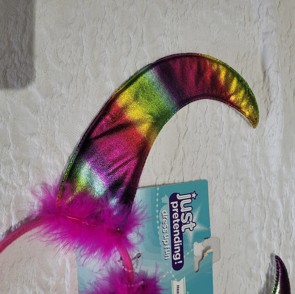 Rainbow Devil Horns Faux Fur Metallic Costume Padded Headband